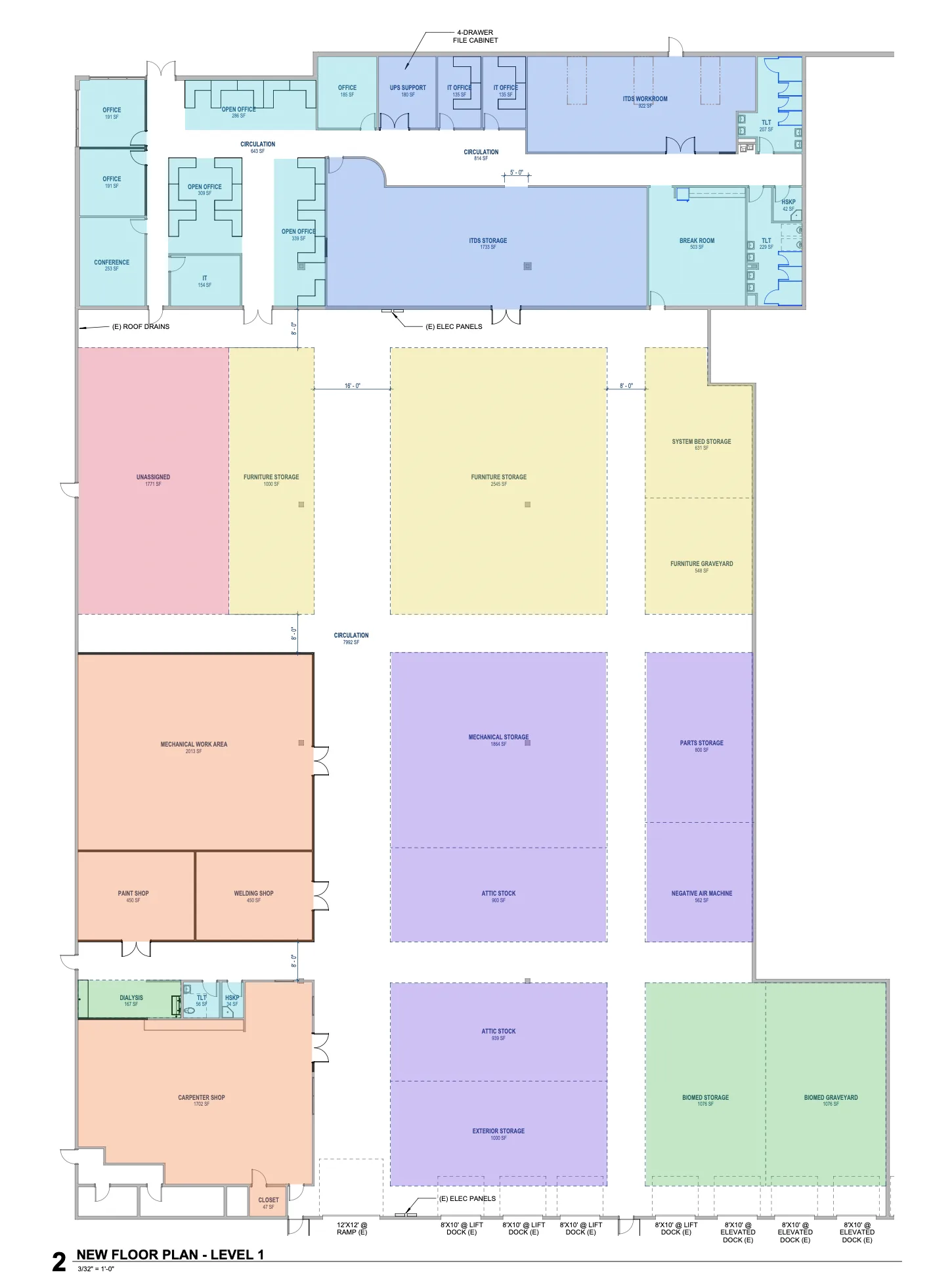 A color-coded healthcare floor plan